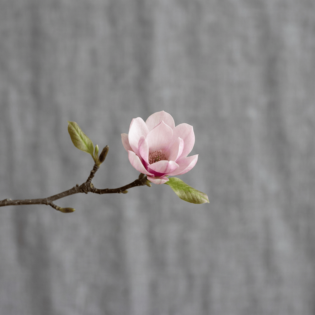 Pink magnolia flower blooming on branch with green leaves