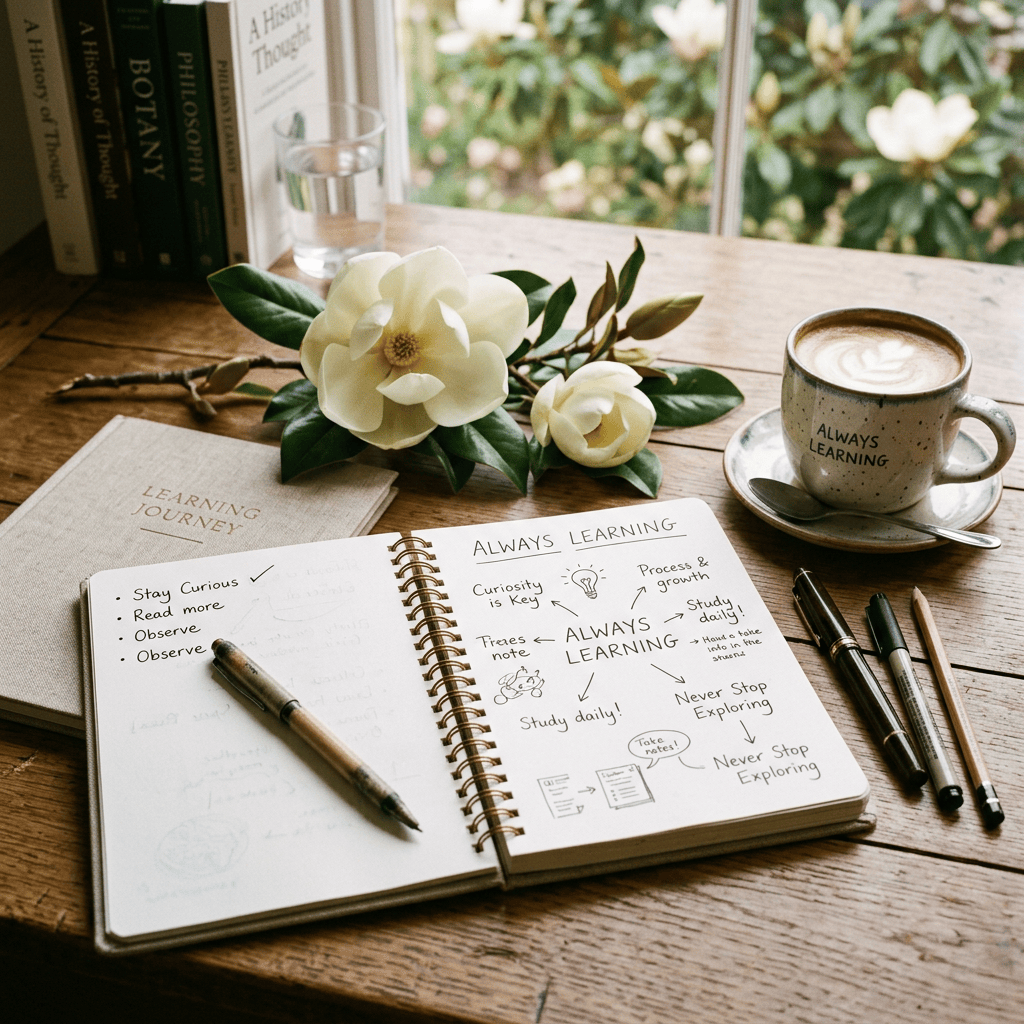 Open notebook with handwritten lifelong learning notes beside coffee and white flowers
