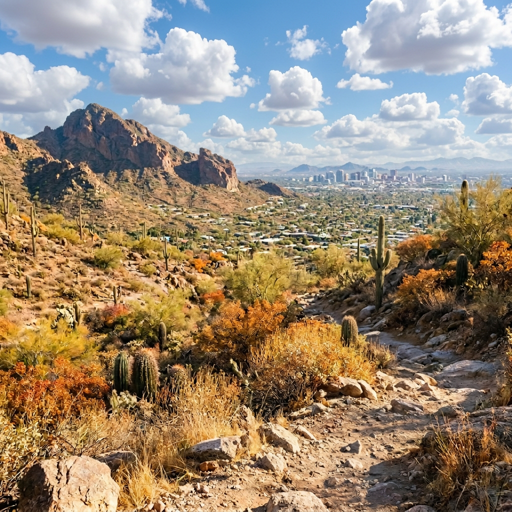 Hiker on a rocky desert trail overlooking mountains and a city skyline